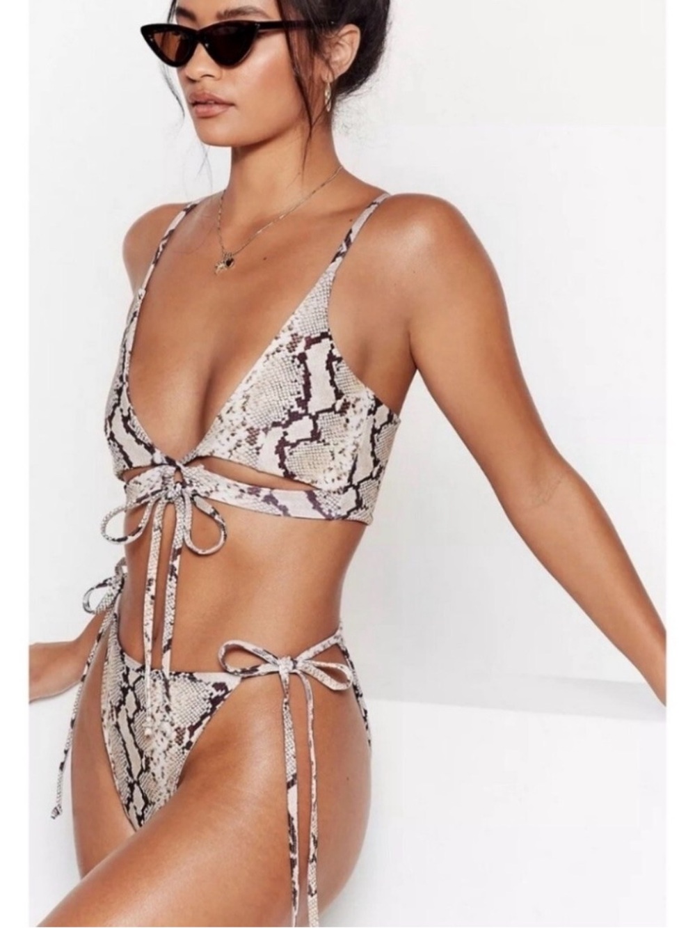 Nasty Gal Snake-Print Tie Front Bikini in Beige and Brown